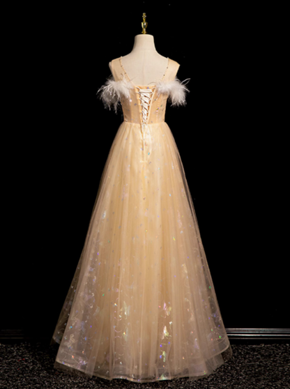 A-line Crew Neck Tulle Embroider Sequins Long Prom Dress, Dark Champagne Formal Dress ED01271