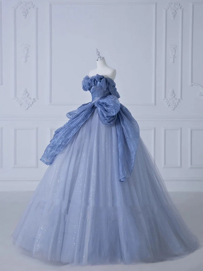 Vestido de fiesta largo de tul con lentejuelas y hombros descubiertos, corte A, azul polvoriento, ED01272