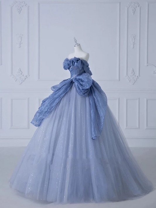 Vestido de fiesta largo de tul con lentejuelas y hombros descubiertos, corte A, azul polvoriento, ED01272