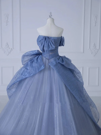 Vestido de fiesta largo de tul con lentejuelas y hombros descubiertos, corte A, azul polvoriento, ED01272