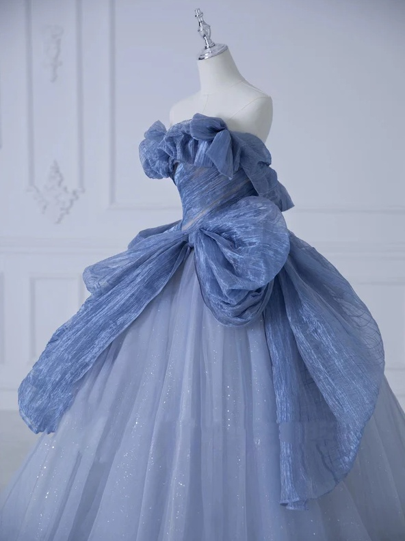 Vestido de fiesta largo de tul con lentejuelas y hombros descubiertos, corte A, azul polvoriento, ED01272