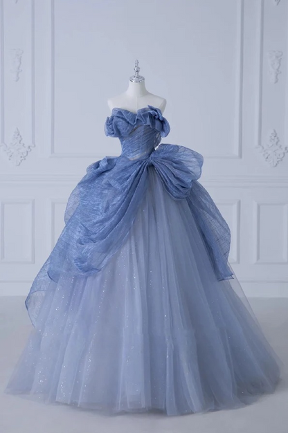 Vestido de fiesta largo de tul con lentejuelas y hombros descubiertos, corte A, azul polvoriento, ED01272
