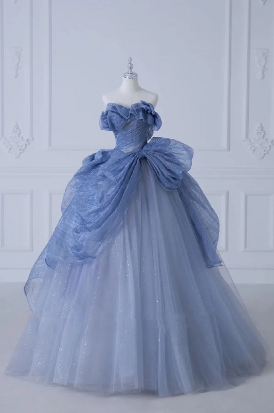 Vestido de fiesta largo de tul con lentejuelas y hombros descubiertos, corte A, azul polvoriento, ED01272