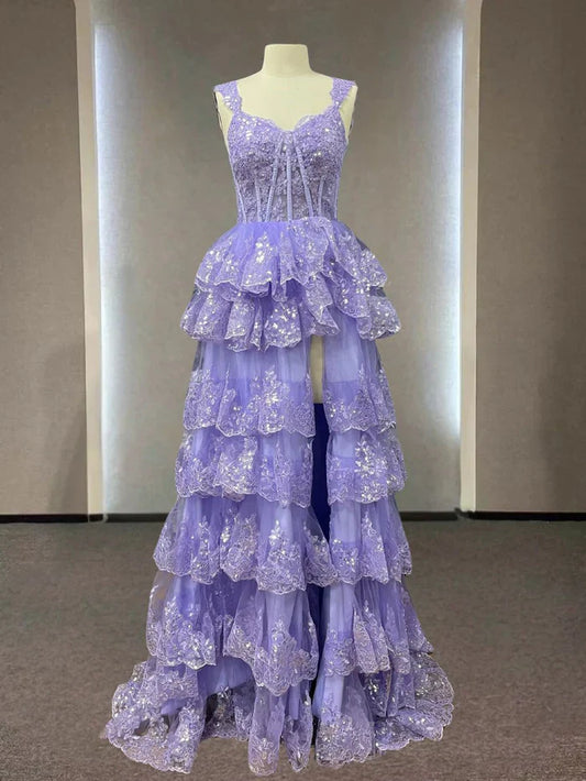 Hermoso vestido de noche con tirantes finos y apliques de encaje brillante, vestidos de fiesta de cupcakes ED01275