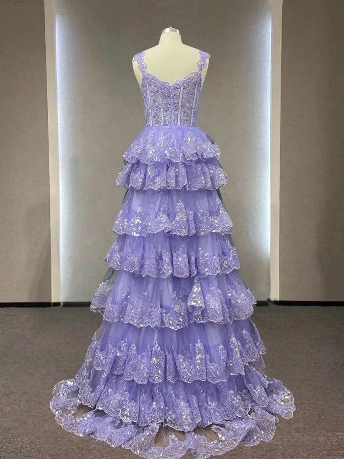 Hermoso vestido de noche con tirantes finos y apliques de encaje brillante, vestidos de fiesta de cupcakes ED01275