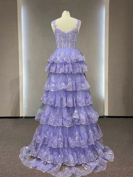 Hermoso vestido de noche con tirantes finos y apliques de encaje brillante, vestidos de fiesta de cupcakes ED01275