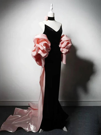 Vestido de fiesta largo de terciopelo negro con escote en V y corte sirena, ED01278