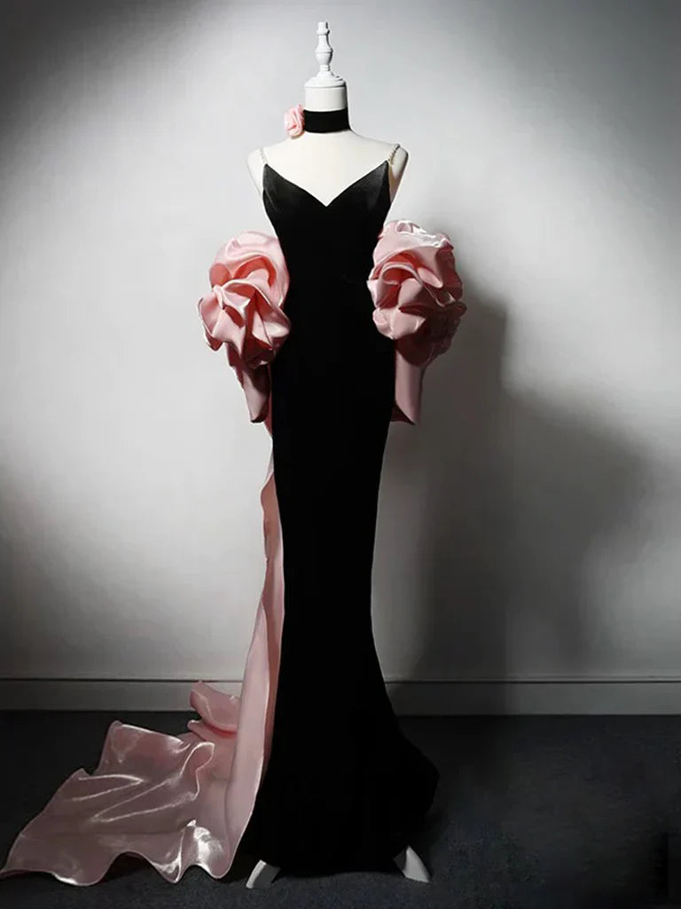 Vestido de fiesta largo de terciopelo negro con escote en V y corte sirena, ED01278