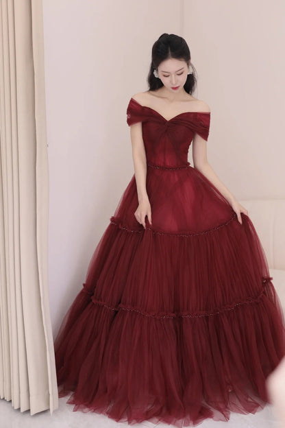 Vestido de fiesta largo de tul burdeos con escote en A y hombros descubiertos, vestido de noche largo burdeos ED01283