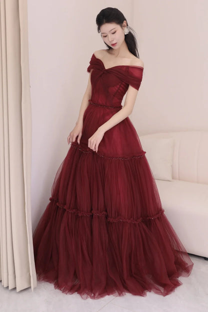 Vestido de fiesta largo de tul burdeos con escote en A y hombros descubiertos, vestido de noche largo burdeos ED01283