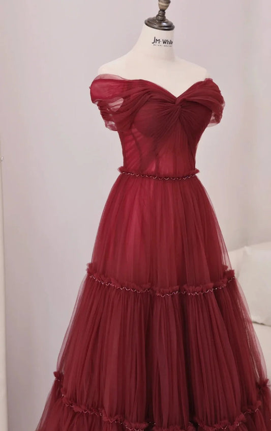 Vestido de fiesta largo de tul burdeos con escote en A y hombros descubiertos, vestido de noche largo burdeos ED01283