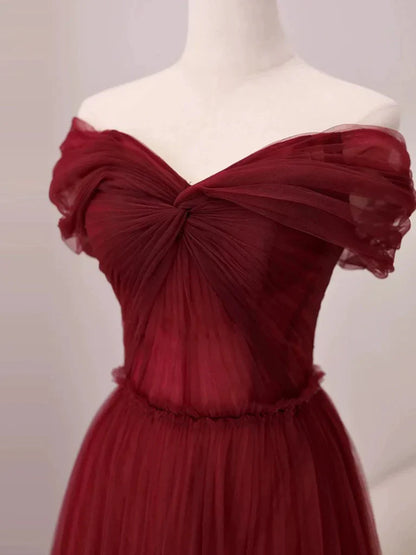 Vestido de fiesta largo de tul burdeos con escote en A y hombros descubiertos, vestido de noche largo burdeos ED01283