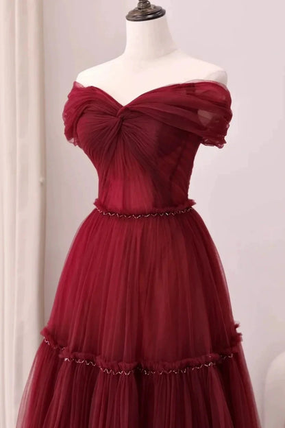 Vestido de fiesta largo de tul burdeos con escote en A y hombros descubiertos, vestido de noche largo burdeos ED01283