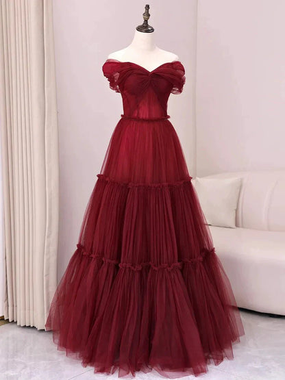 Vestido de fiesta largo de tul burdeos con escote en A y hombros descubiertos, vestido de noche largo burdeos ED01283