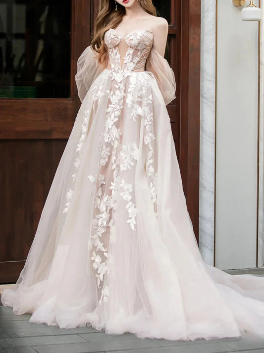 Vestido de fiesta largo de tul con encaje color champán, vestido de novia color champán ED01289