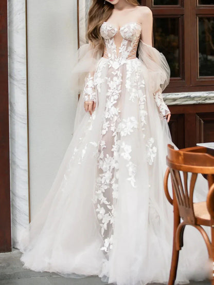 Vestido de fiesta largo de tul con encaje color champán, vestido de novia color champán ED01289