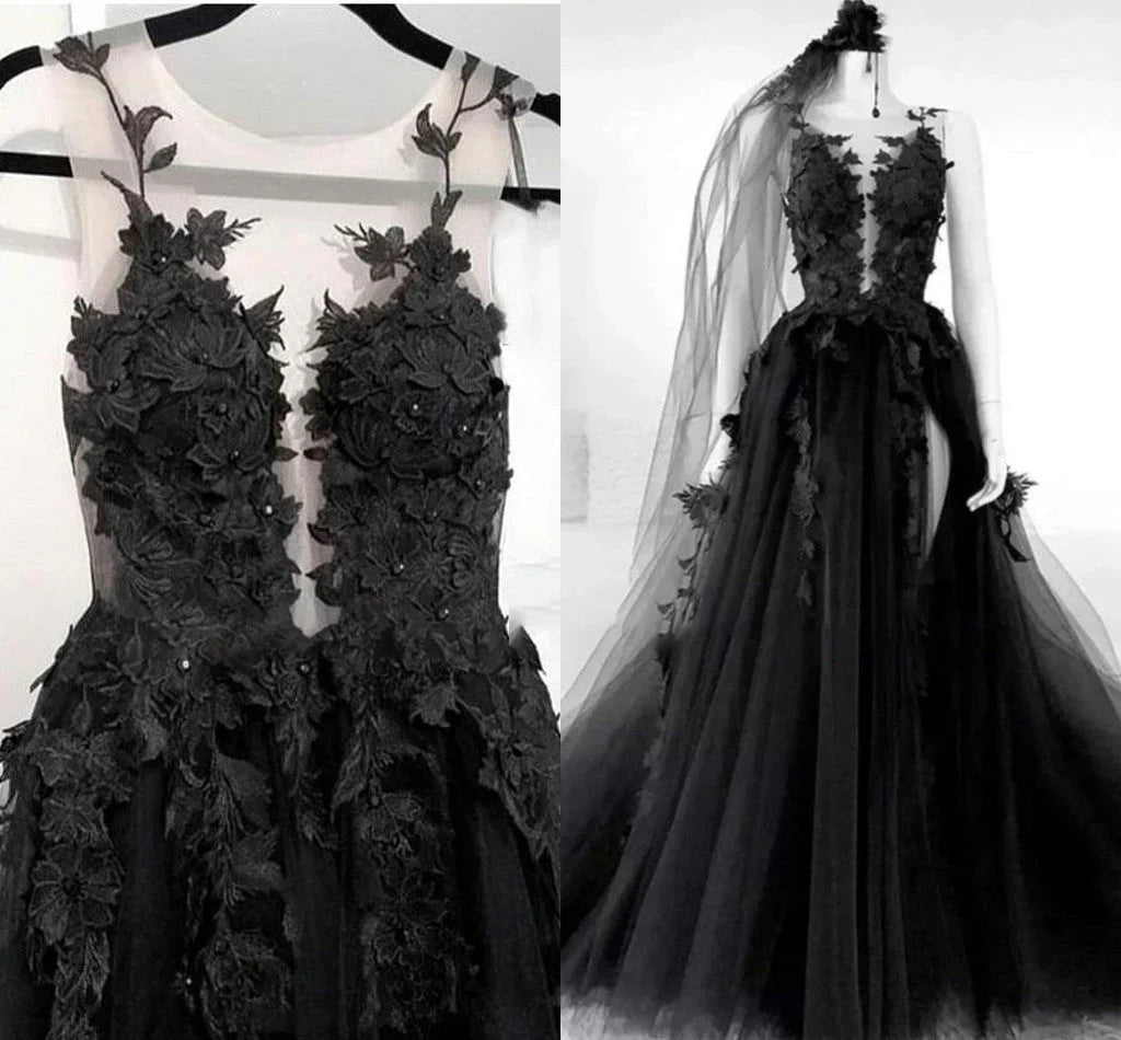 Vestido de novia negro de corte A con tul, apliques de encaje, sin mangas y con cola descubierta (ED01292)