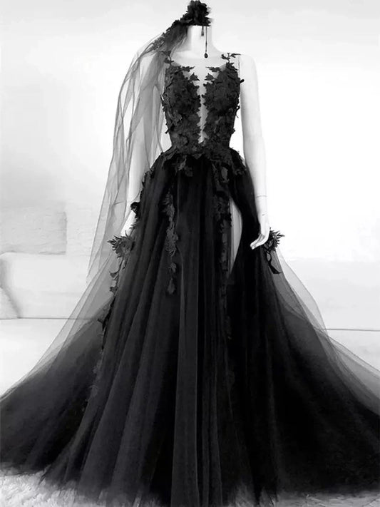Vestido de novia negro de corte A con tul, apliques de encaje, sin mangas y con cola descubierta (ED01292)
