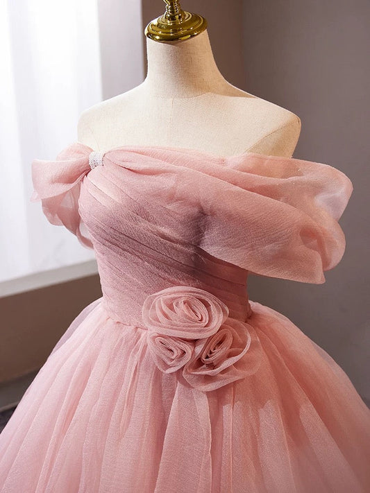 Vestido de fiesta largo de tul rosa con hombros descubiertos y corte en A, vestido formal largo rosa ED013