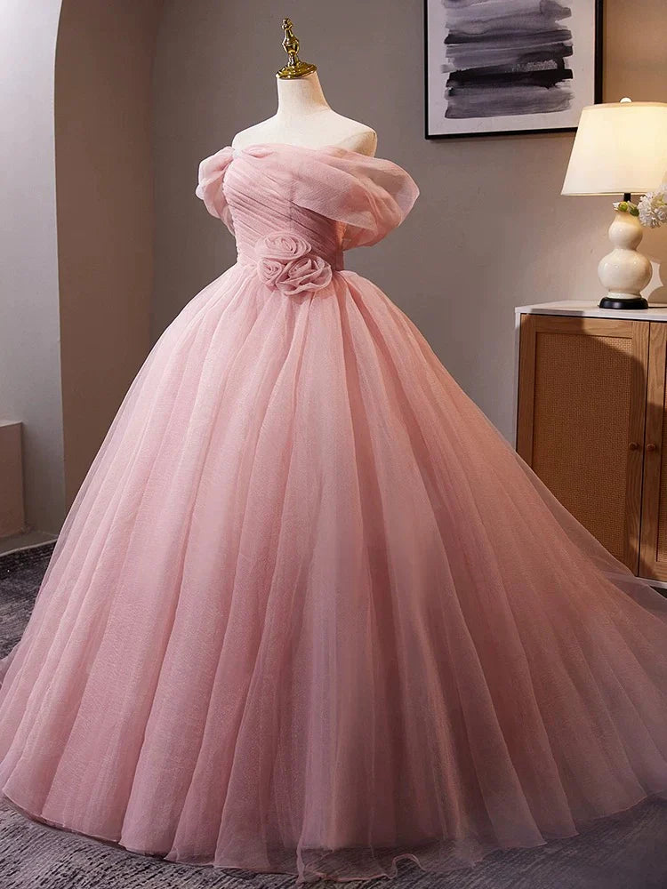 Vestido de fiesta largo de tul rosa con hombros descubiertos y corte en A, vestido formal largo rosa ED013