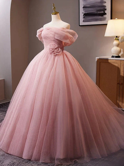 Vestido de fiesta largo de tul rosa con hombros descubiertos y corte en A, vestido formal largo rosa ED013