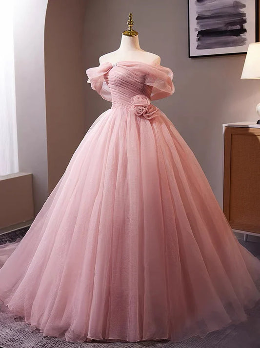 Vestido de fiesta largo de tul rosa con hombros descubiertos y corte en A, vestido formal largo rosa ED013