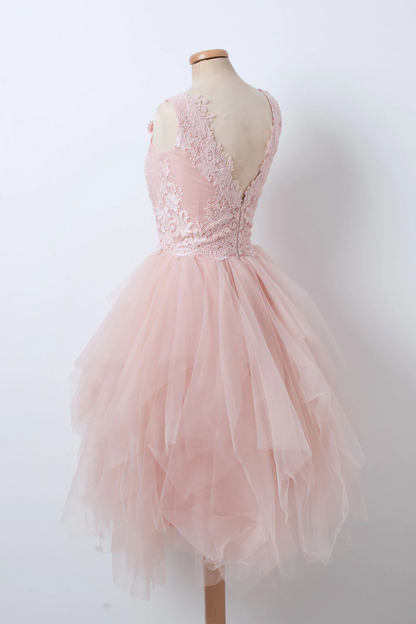 Vestidos de fiesta, vestido corto rosa de tul con escote en V y encaje, vestido rosa de bienvenida ED01302