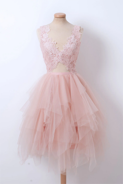 Vestidos de fiesta, vestido corto rosa de tul con escote en V y encaje, vestido rosa de bienvenida ED01302