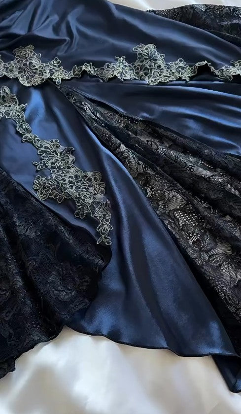 Elegant Navy Blue Spaghetti Straps Mermaid Satin Appliques Prom Dresses Party Dresses ED01319