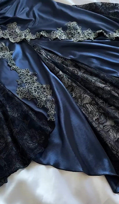 Elegant Navy Blue Spaghetti Straps Mermaid Satin Appliques Prom Dresses Party Dresses ED01319