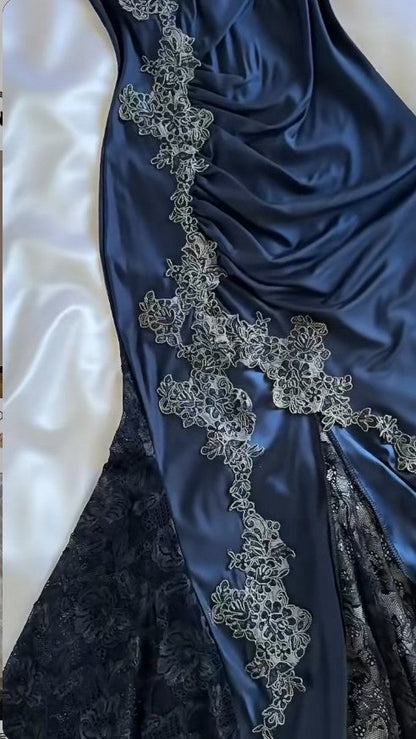 Elegant Navy Blue Spaghetti Straps Mermaid Satin Appliques Prom Dresses Party Dresses ED01319