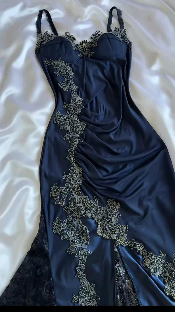 Elegant Navy Blue Spaghetti Straps Mermaid Satin Appliques Prom Dresses Party Dresses ED01319
