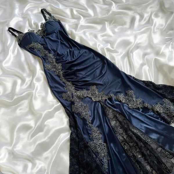 Elegant Navy Blue Spaghetti Straps Mermaid Satin Appliques Prom Dresses Party Dresses ED01319