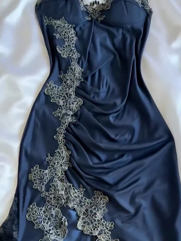 Elegant Navy Blue Spaghetti Straps Mermaid Satin Appliques Prom Dresses Party Dresses ED01319