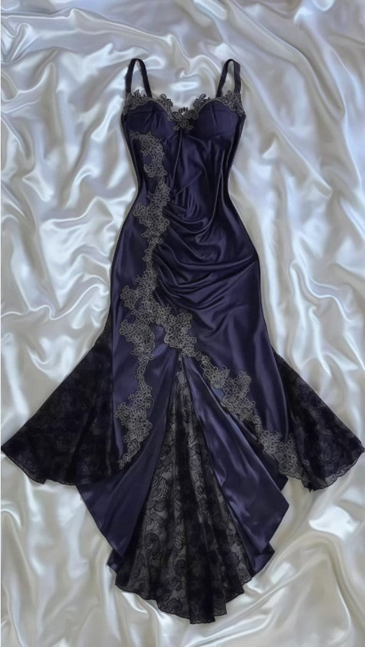 Elegant Navy Blue Spaghetti Straps Mermaid Satin Appliques Prom Dresses Party Dresses ED01319