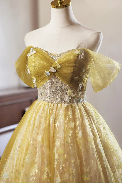 Vestido de fiesta de tul amarillo con flores, largo hasta la rodilla, corte A, hombros descubiertos, ED01324