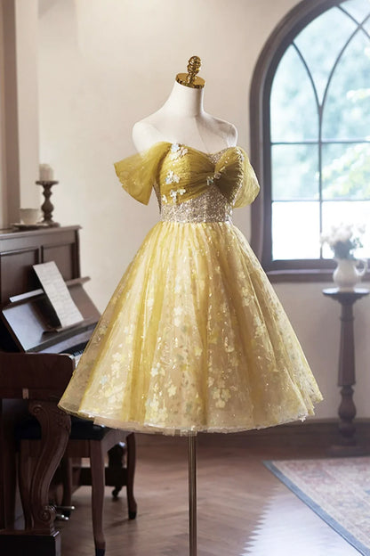 Vestido de fiesta de tul amarillo con flores, largo hasta la rodilla, corte A, hombros descubiertos, ED01324