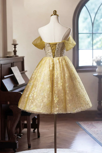 Vestido de fiesta de tul amarillo con flores, largo hasta la rodilla, corte A, hombros descubiertos, ED01324