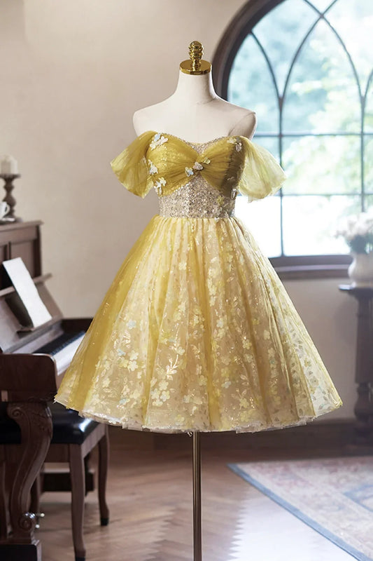 Yellow Floral Tulle Knee Length Prom Dress,  A-Line Off the Shoulder Homecoming Dress ED01324