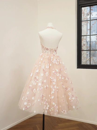 Pink V-Neck Tulle Sequins Short Prom Dress, Cute A Line Backless Homecoming Dress ED01326