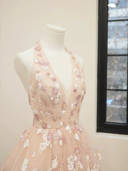 Pink V-Neck Tulle Sequins Short Prom Dress, Cute A Line Backless Homecoming Dress ED01326