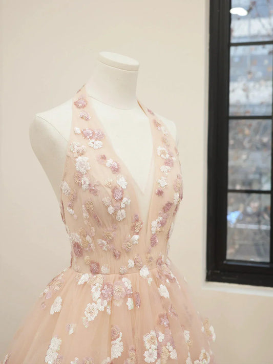 Pink V-Neck Tulle Sequins Short Prom Dress, Cute A Line Backless Homecoming Dress ED01326