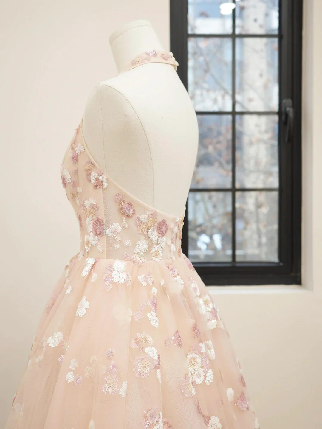 Pink V-Neck Tulle Sequins Short Prom Dress, Cute A Line Backless Homecoming Dress ED01326