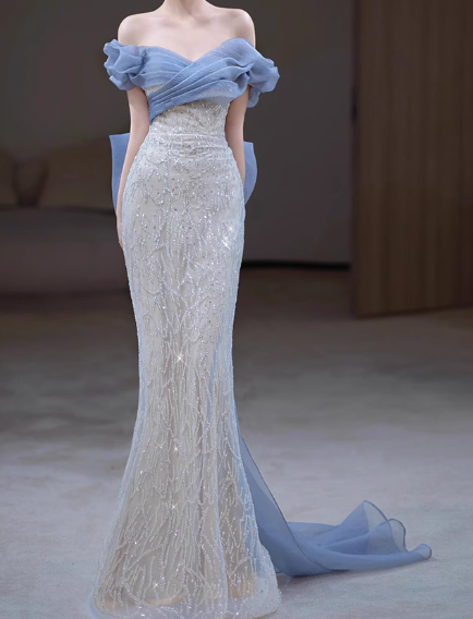 Vestido de noche elegante de tul con lentejuelas y hombros descubiertos, estilo sirena, ED01343