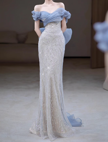 Vestido de noche elegante de tul con lentejuelas y hombros descubiertos, estilo sirena, ED01343