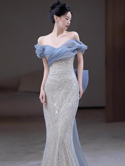 Vestido de noche elegante de tul con lentejuelas y hombros descubiertos, estilo sirena, ED01343