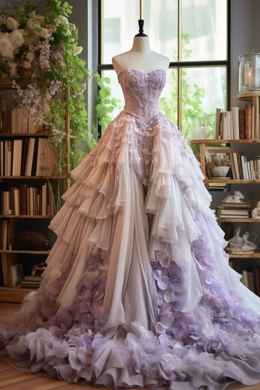Gradient Purple  Strapless Tulle Vintage Long Ball Gown, Sweetheart Veck Lace Applique Evening Gown ED01349