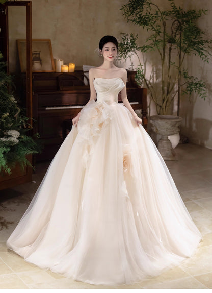 Vestido de novia de tul color champán claro, corte A, sin tirantes, vestido de fiesta largo con delicados detalles de cuentas ED01352