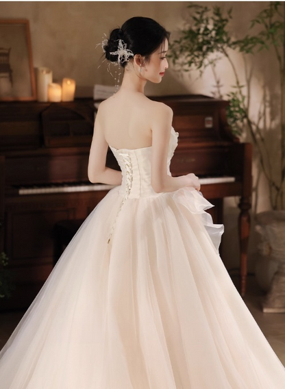 Vestido de novia de tul color champán claro, corte A, sin tirantes, vestido de fiesta largo con delicados detalles de cuentas ED01352