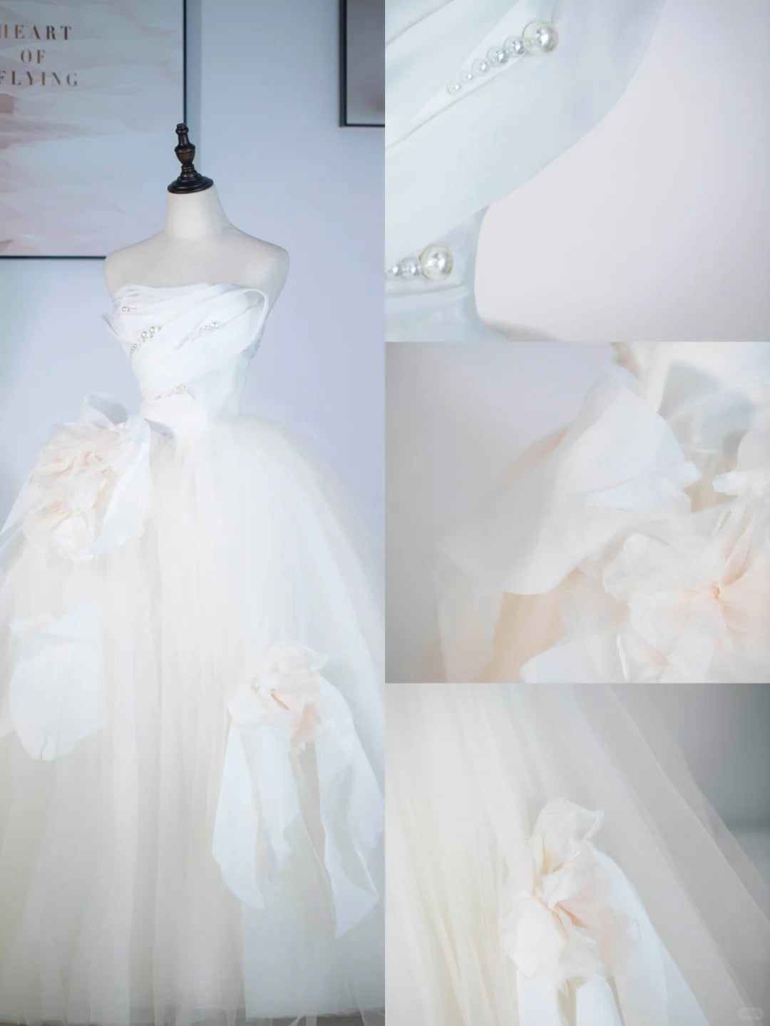 Vestido de novia de tul color champán claro, corte A, sin tirantes, vestido de fiesta largo con delicados detalles de cuentas ED01352